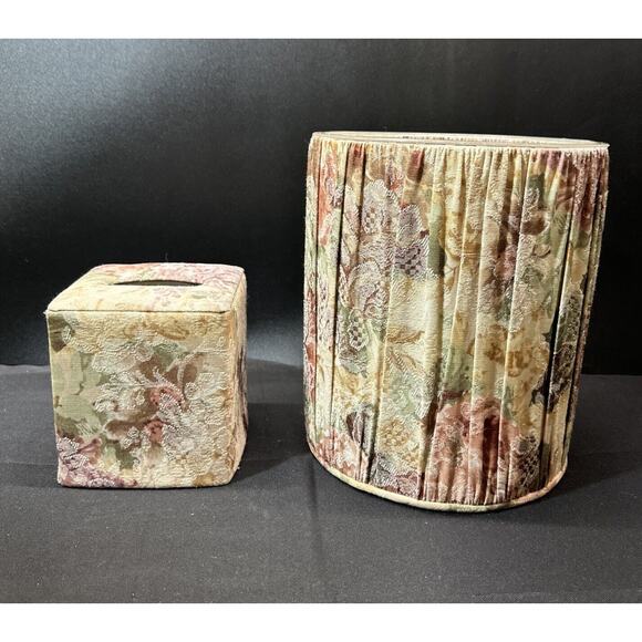 Vintage Croscill Cotswold Pleated Fabric Wastebasket Can W/ Liner & Tissue Cover - Picture 1 of 16